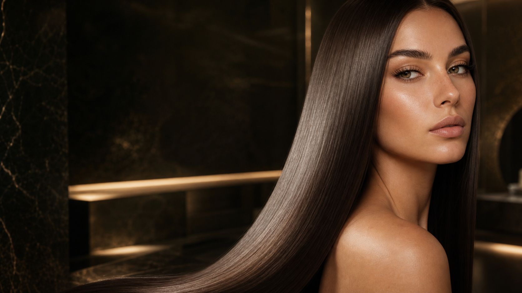 Editorial beauty z idealnie prostymi, lśniącymi włosami po keratynowym wygładzeniu