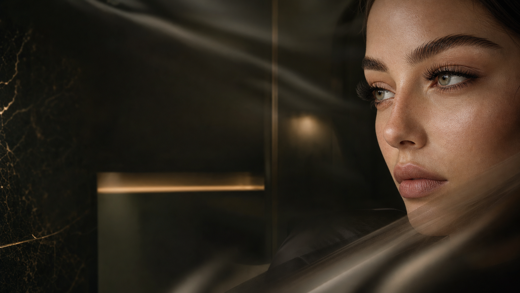 Ciemny editorial beauty z mocnym spojrzeniem i rzęsami
